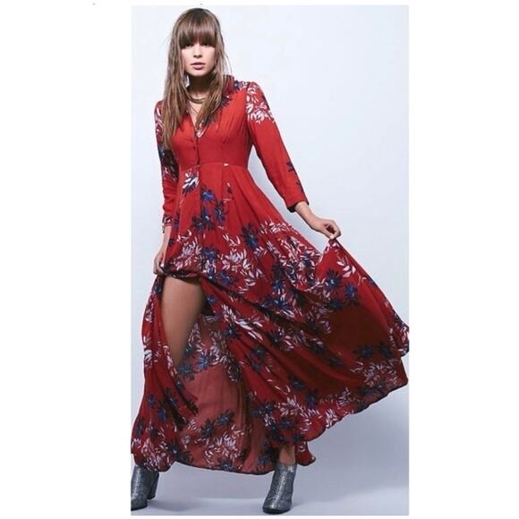 Free People After The Storm Brick Red Floral Print Boho Maxi Shirt Dress Size 0 - Picture 1 of 11